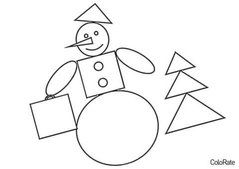Бесплатная раскраска Снеговик и ёлочка распечатать на А4 - Геометрические фигуры