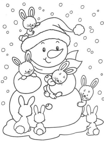 Снеговик и зайчатки раскраска распечатать на А4 - Зима