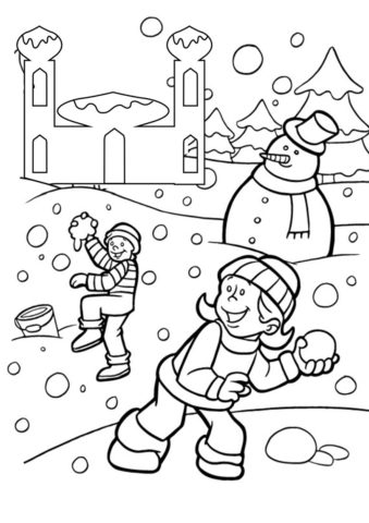 Снежный бой - Зима распечатать раскраску на А4