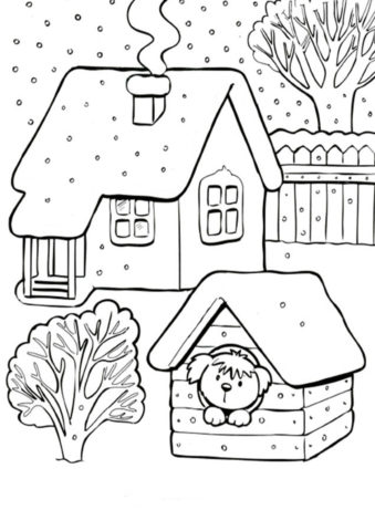 Раскраска Собачка в будке зимой - Зима