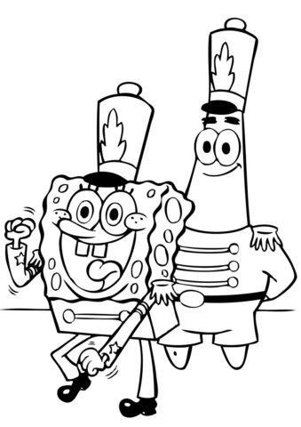 Бесплатная разукрашка для печати и скачивания Спанч Боб и Патрик в военной форме - Губка Боб