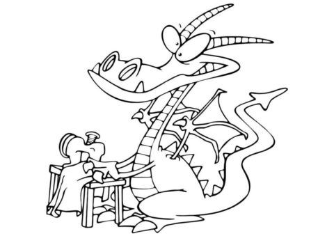 Странный дракон за швейной машинкой - Драконы раскраска распечатать на А4