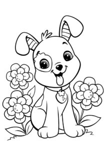 Улыбчивый щенок среди цветов - Собаки и щенки раскраска распечатать на А4