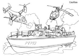Бесплатная раскраска Вертолеты обстреливают корабль распечатать и скачать - Военные