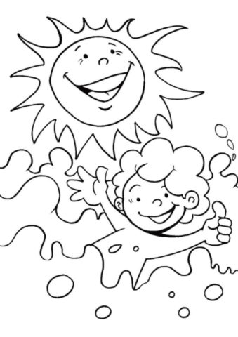 Веселое солнце и купающийся мальчик (Лето) раскраска для печати и загрузки