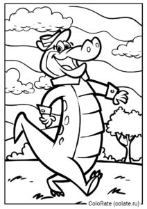 Веселый крокодил спешит на работу - раскраска с мультяшным крокодилом для детей