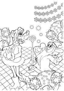 Волк и заяц исполняют новогоднюю песню (Ну, погоди!) бесплатная раскраска на печать
