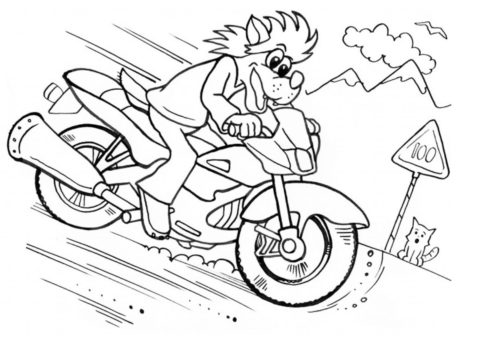 Волк несётся на мотоцикле на огромной скорости - Ну, погоди! бесплатная раскраска