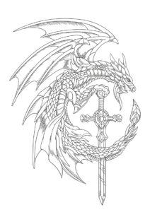 Яростный дракон с мечом (Драконы) раскраска для печати и загрузки