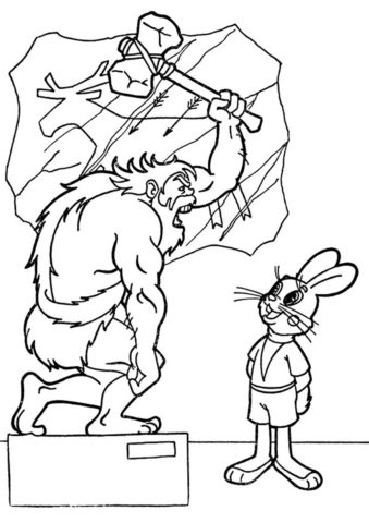 Заяц и пещерный человек в музее (Ну, погоди!) разукрашка для печати на А4
