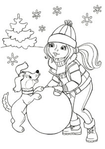 Зимние игры с собачкой - Зима распечатать раскраску на А4