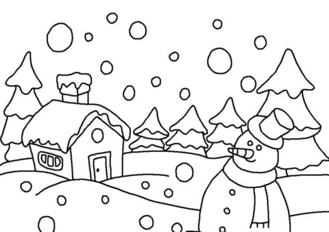 Раскраска Зимний домик снеговика распечатать на А4 - Зима