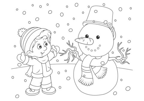 Зимняя встреча со снеговиком - Зима распечатать раскраску на А4
